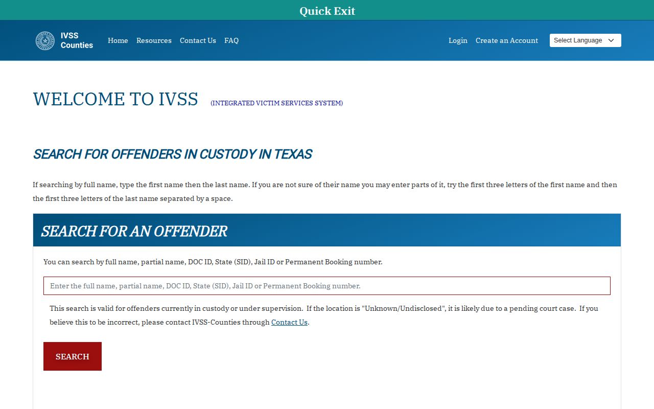 Bee County custody record search through Texas IVSS