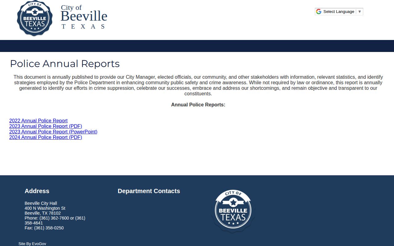 Beeville Police annual arrest record source